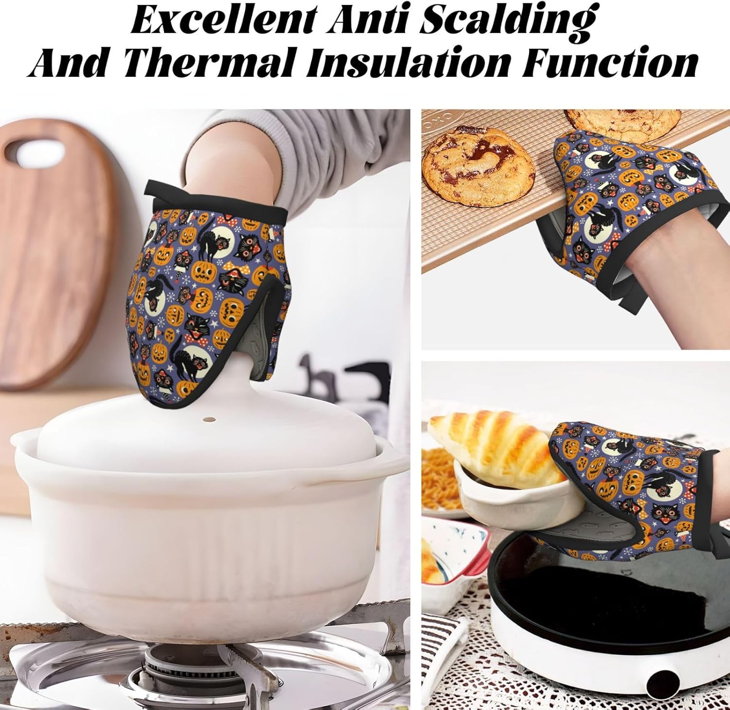 Mini Silicone Oven Mitts Spooky Cats Halloween Pumpkins Heat-Resistant Comfortable