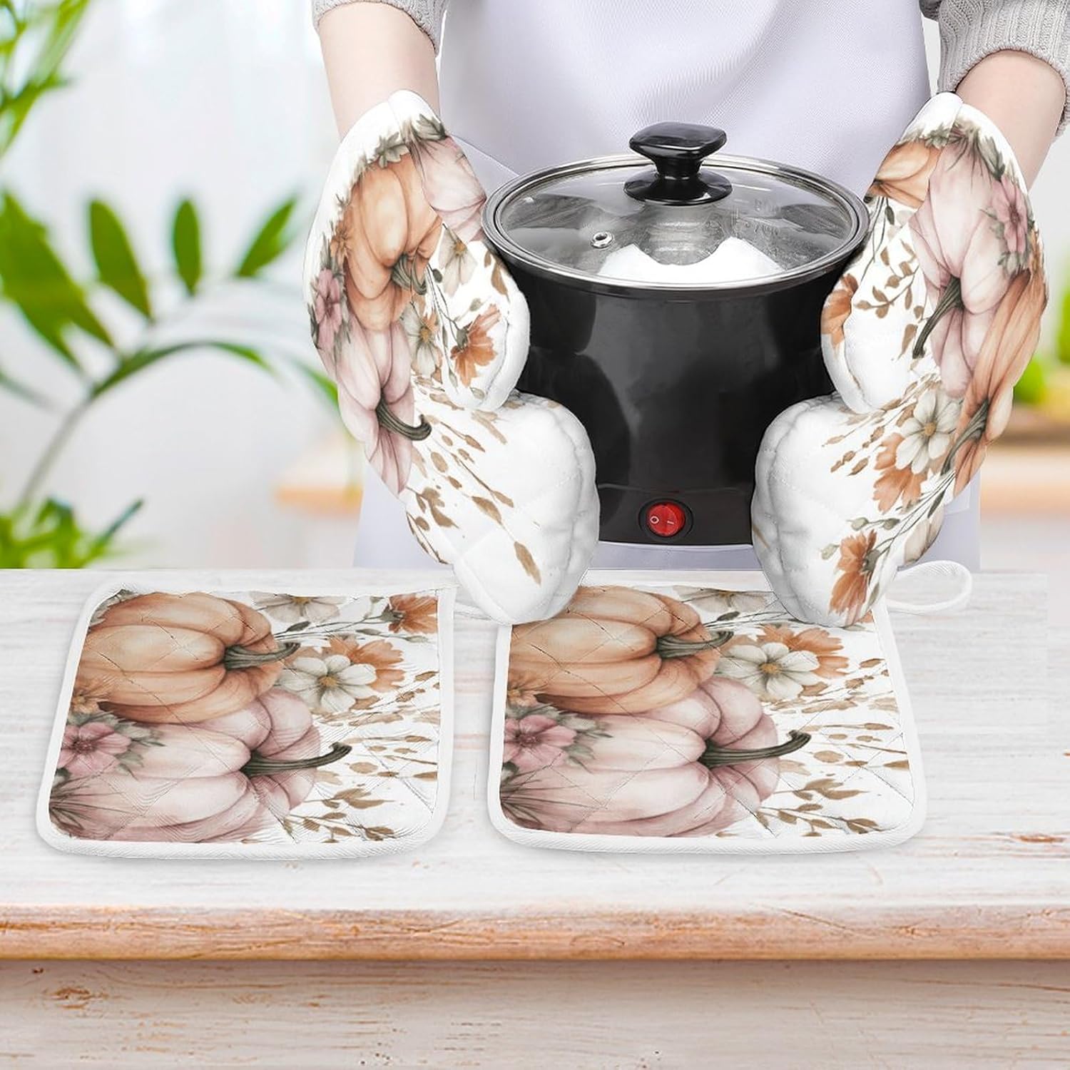 Pumpkin Flower Boho Fall Oven Mitts for Kitchen