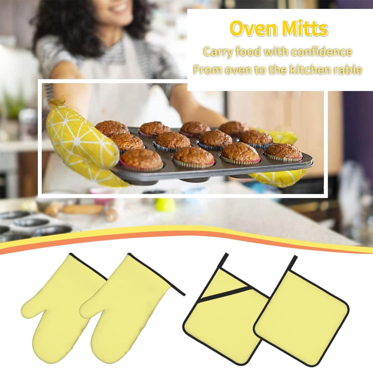Curdesi Heat-Resistant Oven Mitts Set 4PCS Pale Yellow