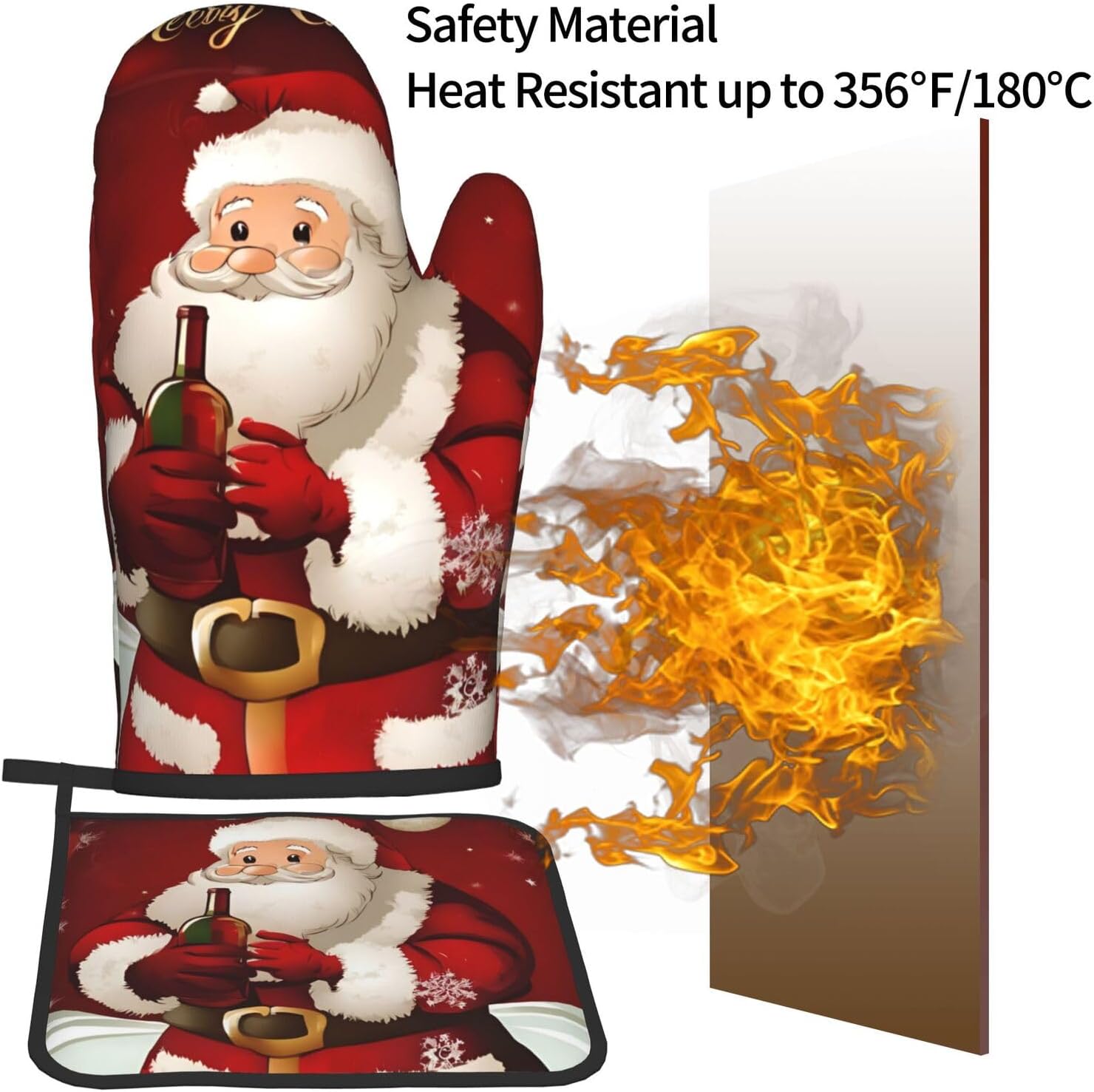 Merry Christmas Santa Claus Printed Oven Mitts and Pot Holders 2pcs Set