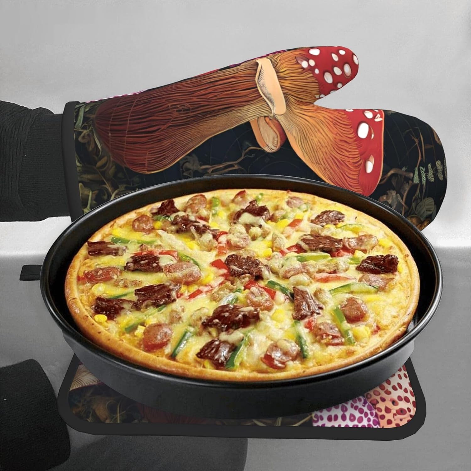 Premium tropical mushroom printed oven mitts and pot holders set of 2