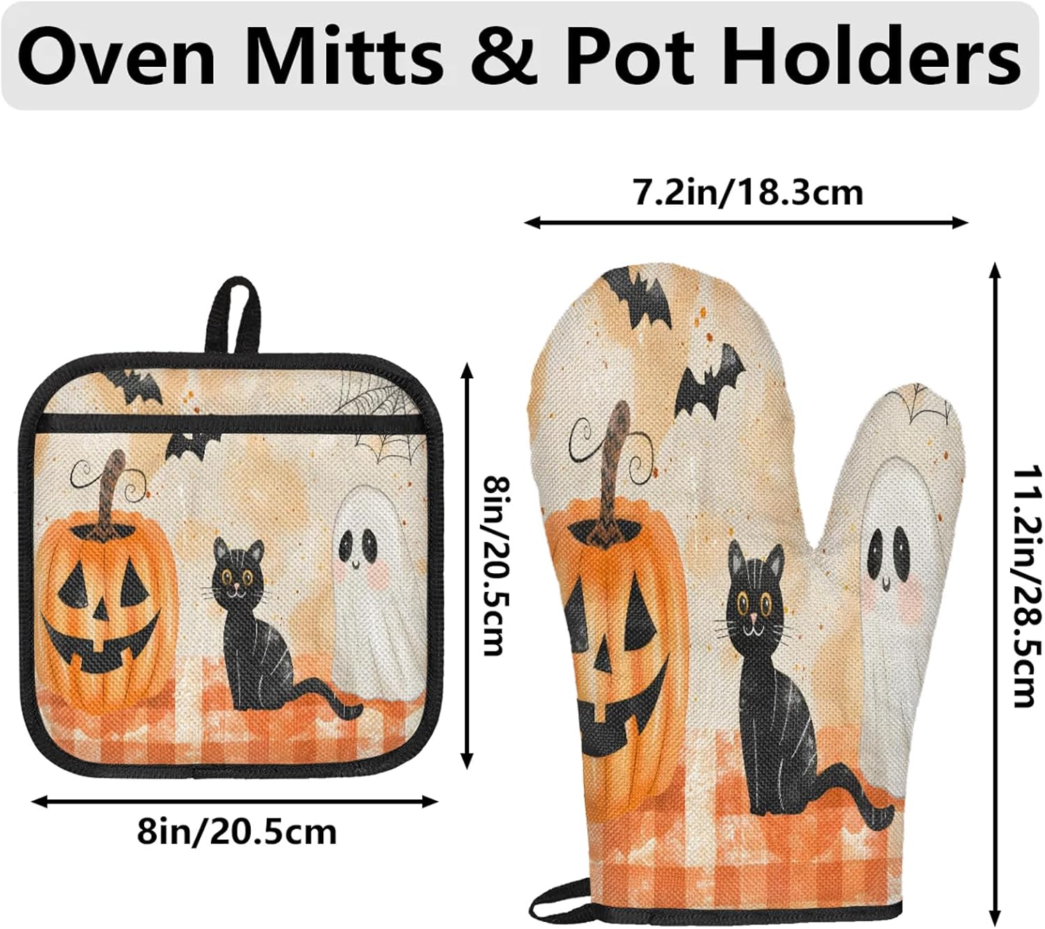 TropicalLife Halloween Black Cat Ghost Oven Mitts and Pot Holders Set