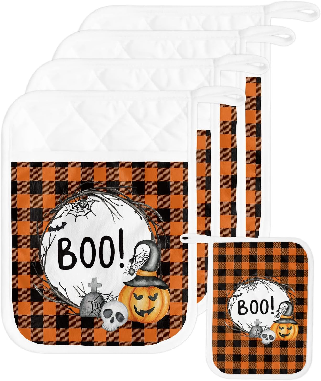 HilariousM Halloween Pumpkin Buffalo Check 5PCS Potholders