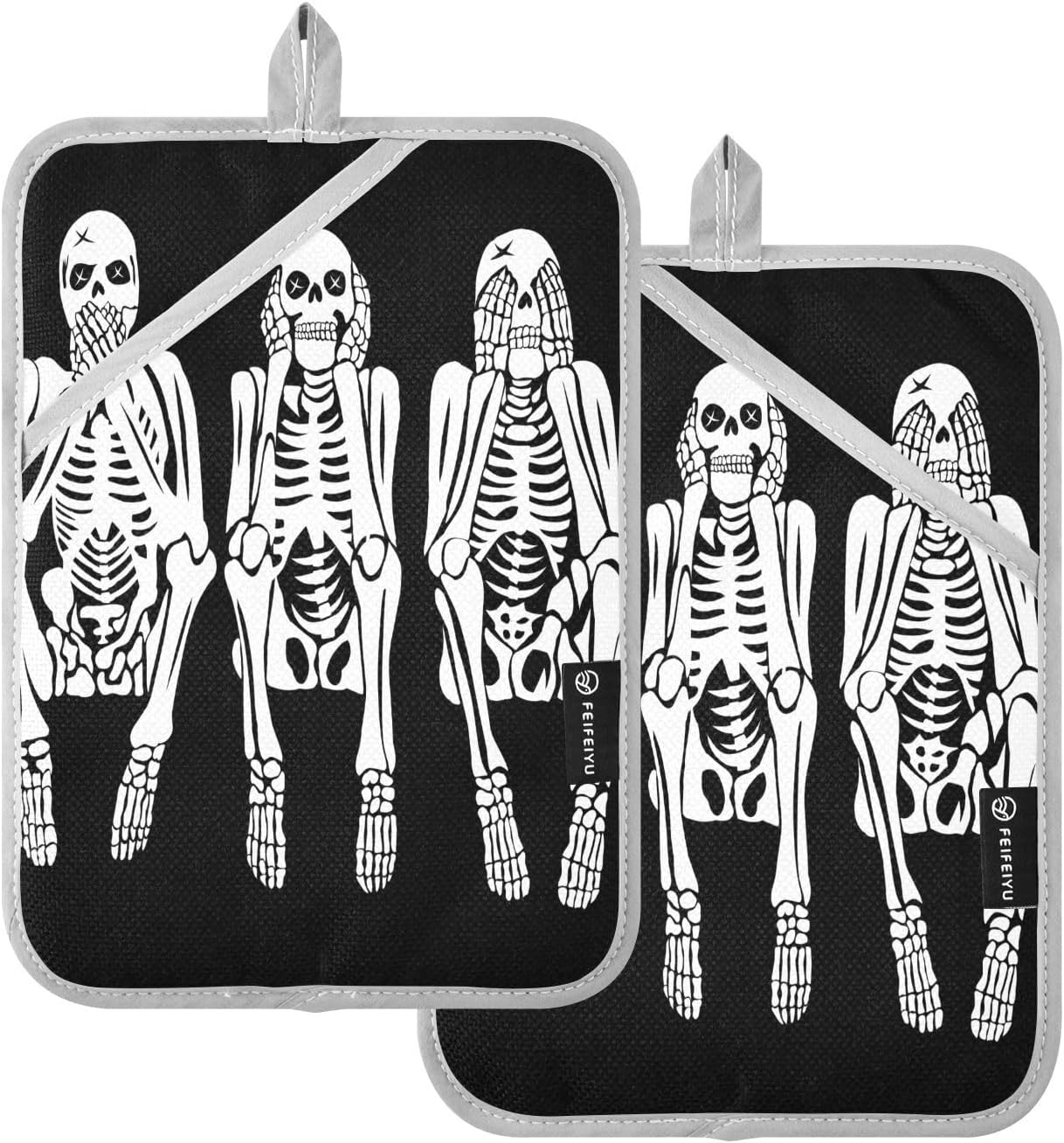 OurVii Funny Skeleton Kitchen Potholders - Halloween Heat Resistant Non-Slip 2-Pack