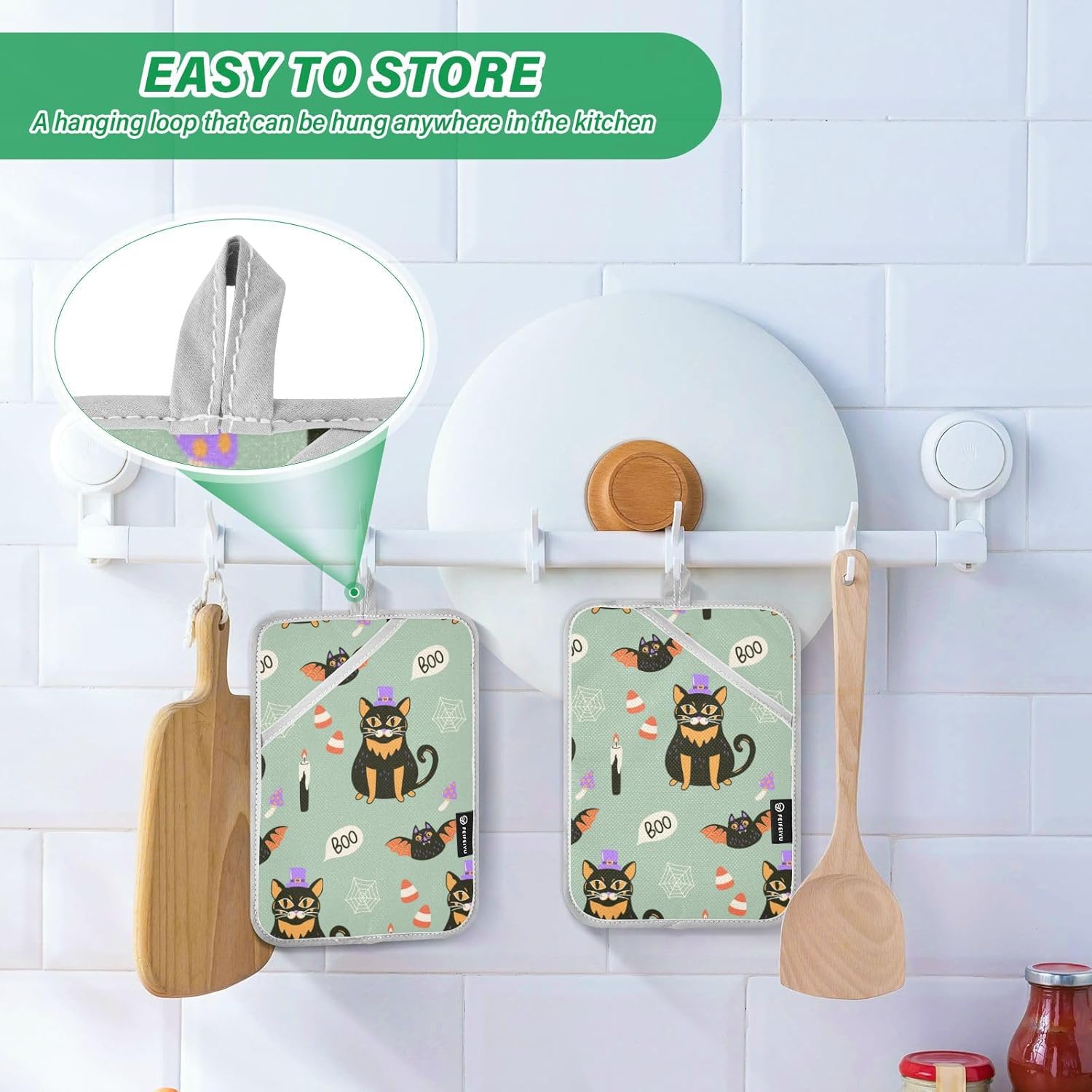 Ourvi 2Pcs Halloween Cute Black Cat Potholders with Pockets Mitts Set