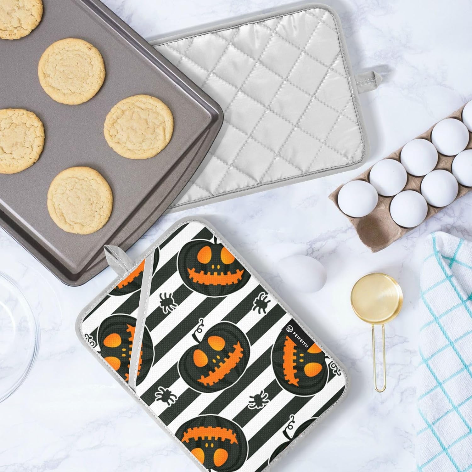 OurVII Jacko Lantern - 2x Potholders with Pockets for Halloween Kitchen Use