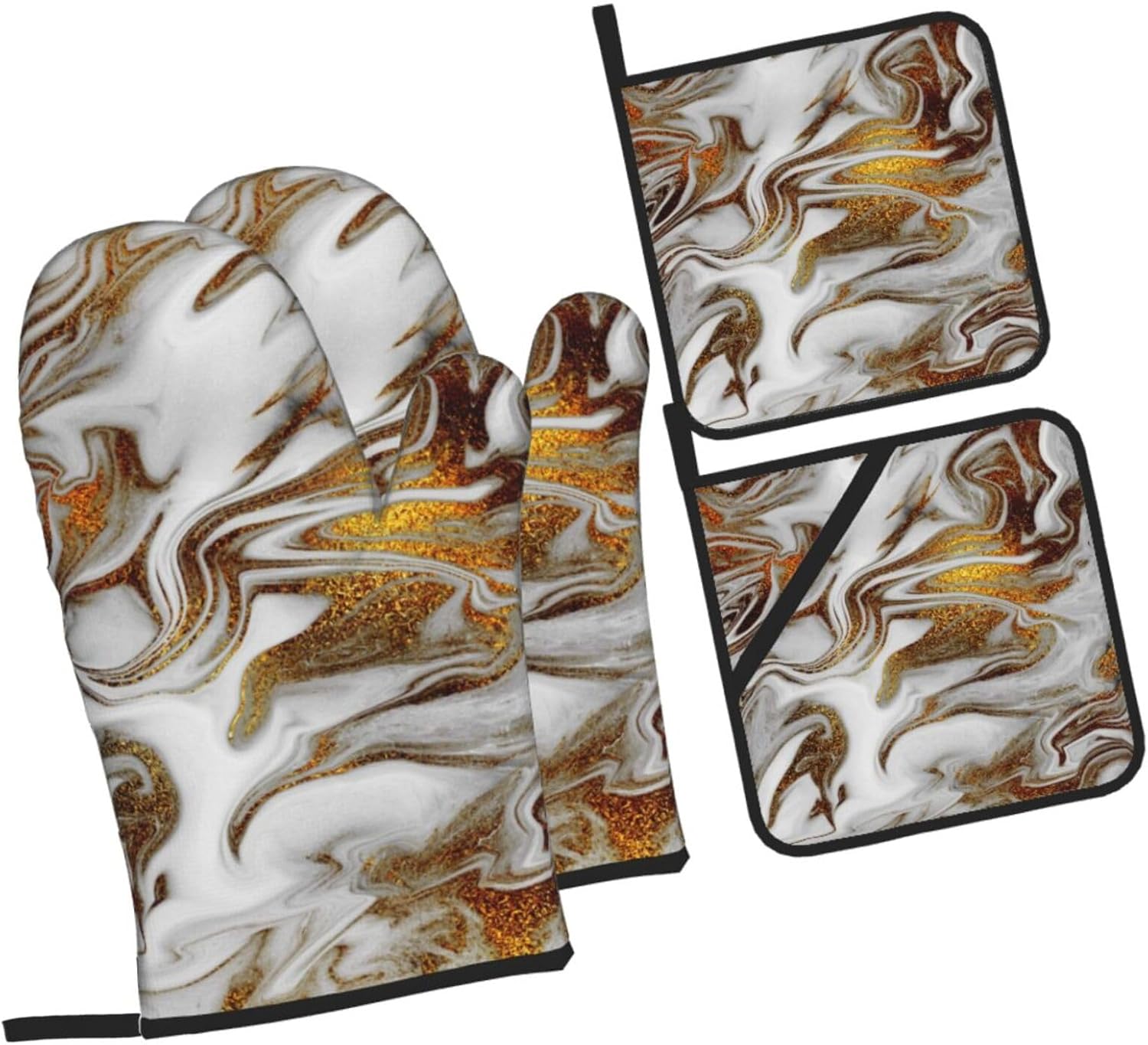 4 Pieces Gold and White Marble Oven Mitts Set with Hanging Loop