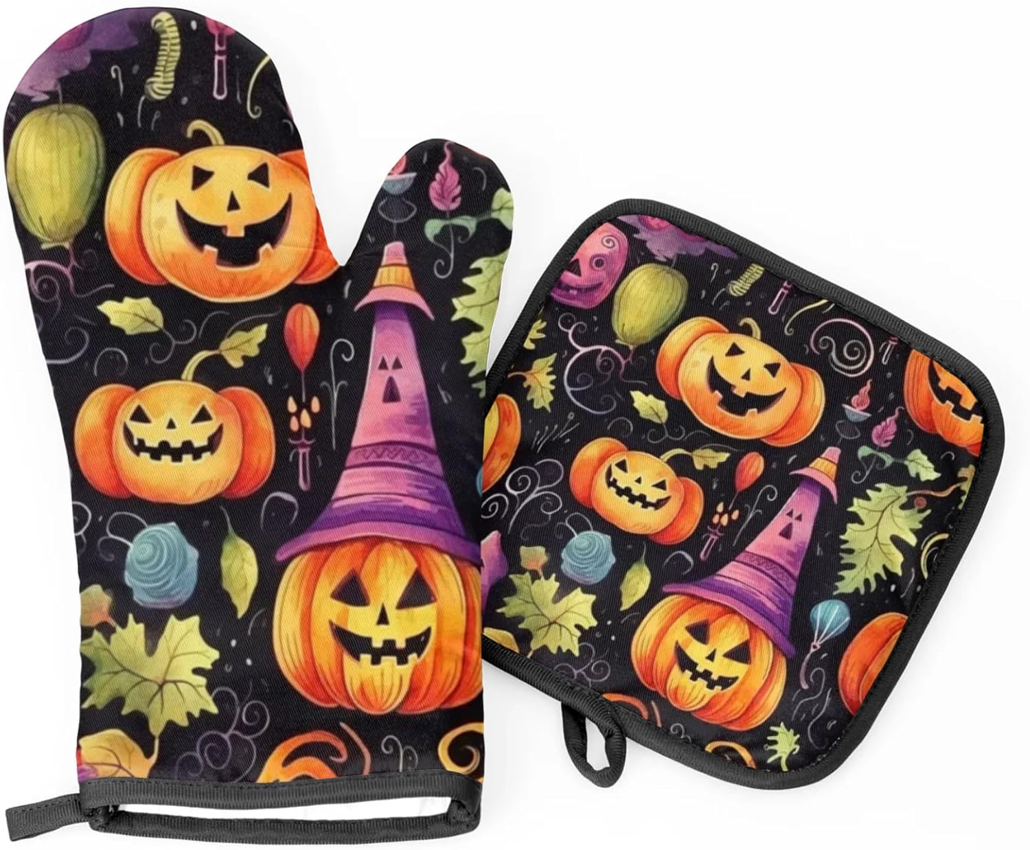 Halloween pumpkin leaves oven mitts and pot holders set
