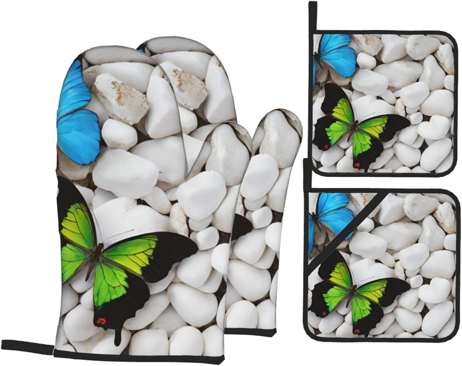 Quopvn Blue Butterfly Green Stone Oven Mitt Set