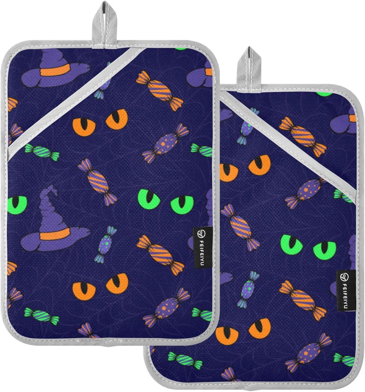 OURVII 2Pcs Halloween Cat Eye Pot Holders Non-Slip with Pockets