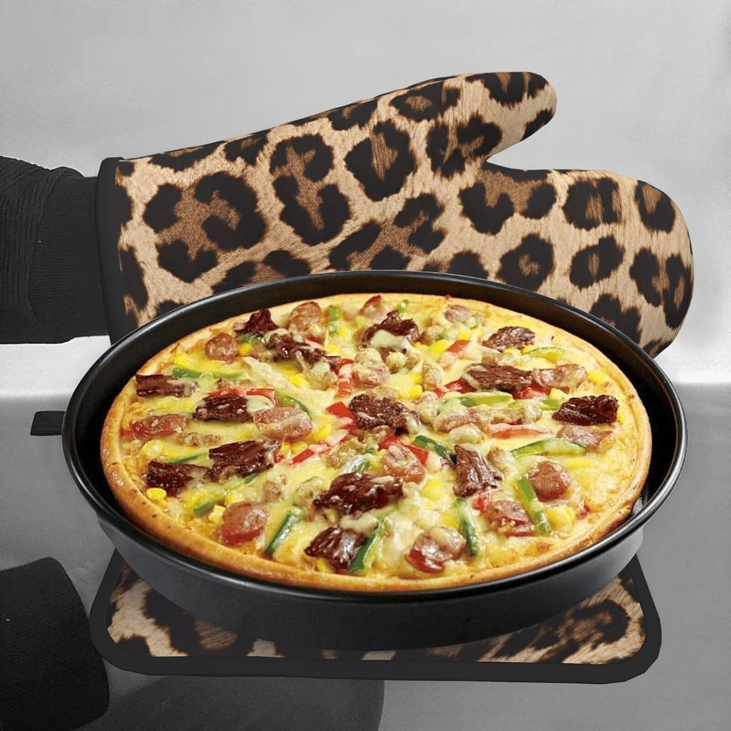 Leopard Pattern Oven Mitts Pot Holders Heat-Resistant Durable