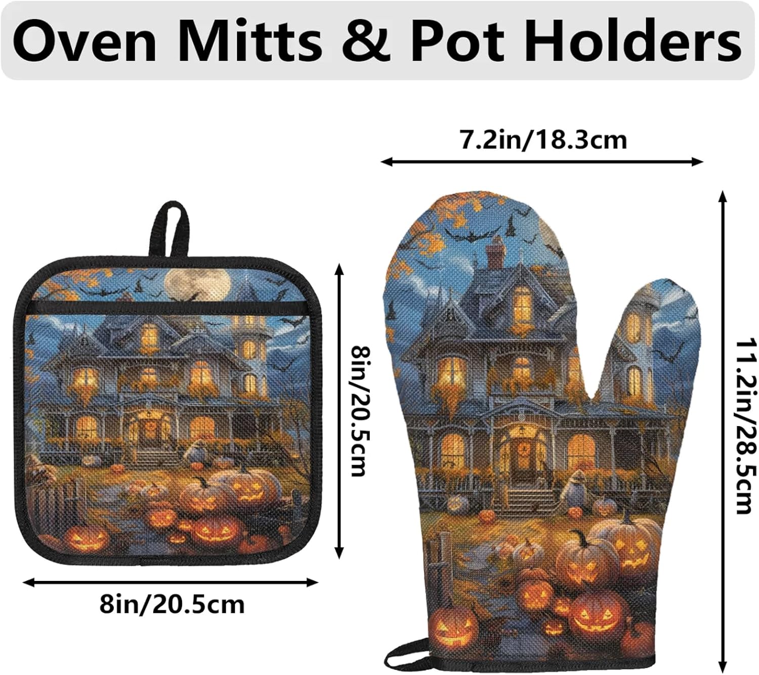 TropicalLife Halloween Pumpkin Moon Oven Mitts and Pot Holders 4Pcs Set
