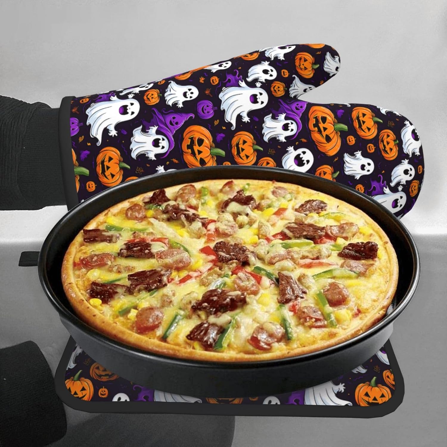 Halloween Ghost Pumpkin Oven Mitts Pot Holders - Heat-Resistant Gloves for Cooking