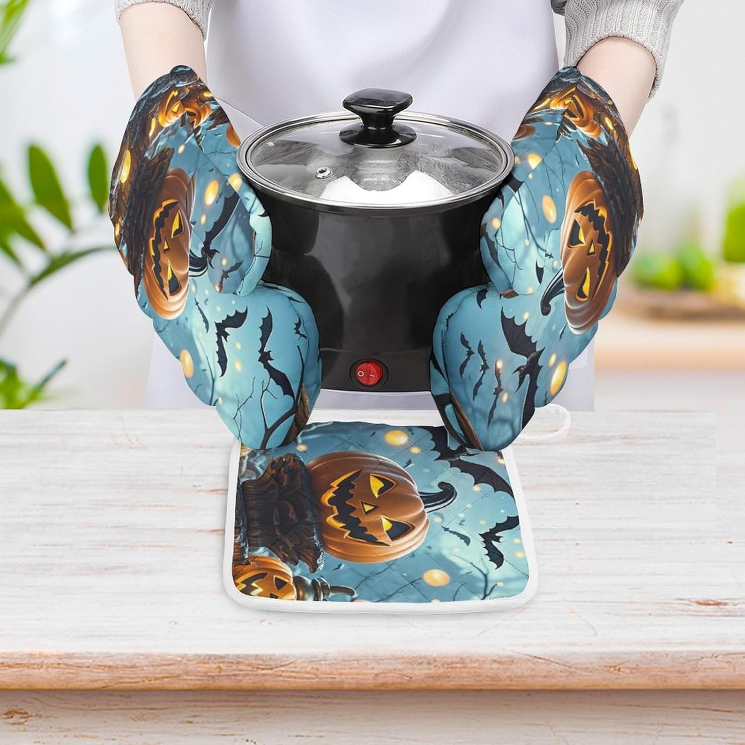 Halloween Oven Mitts Pot Holders - 3-Piece Set withFlying Bats Design