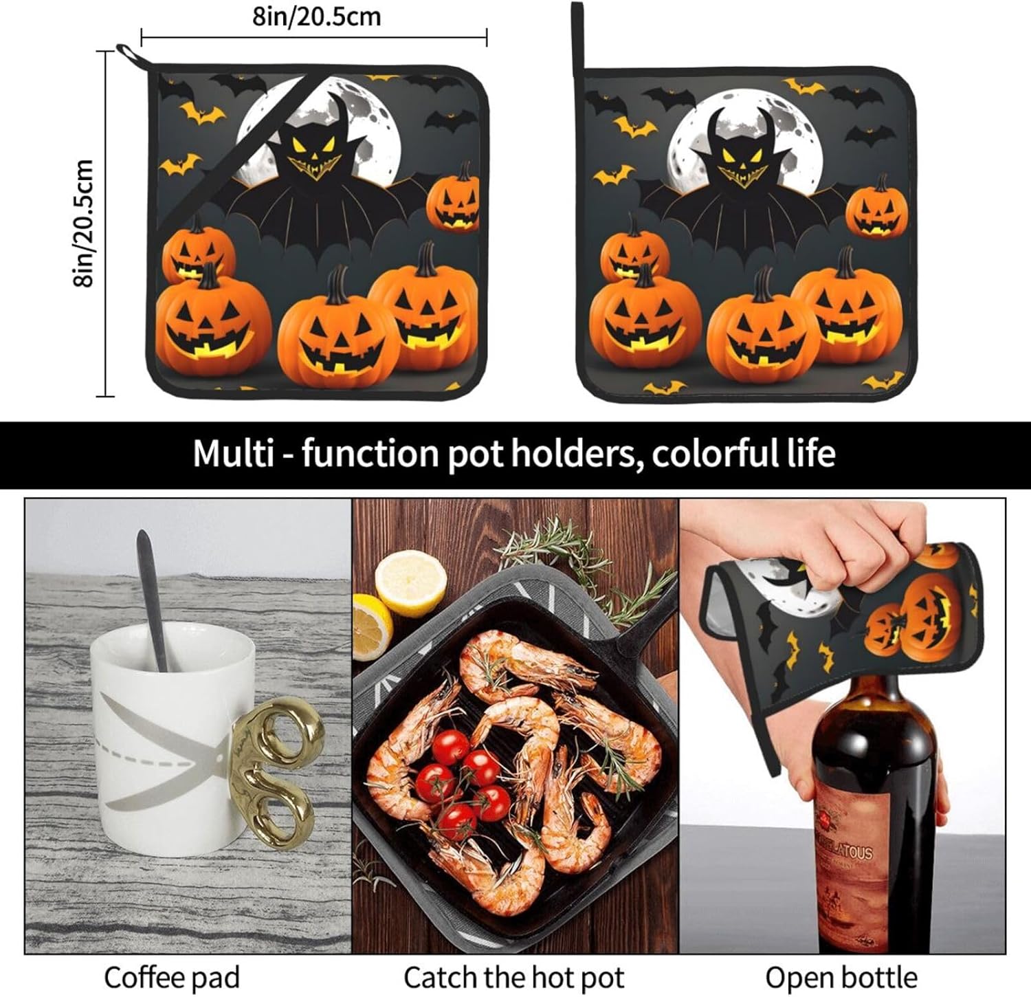 Halloween Moon Bat Pumpkins Non-Slip Heat-Resistant Pot Holder Set