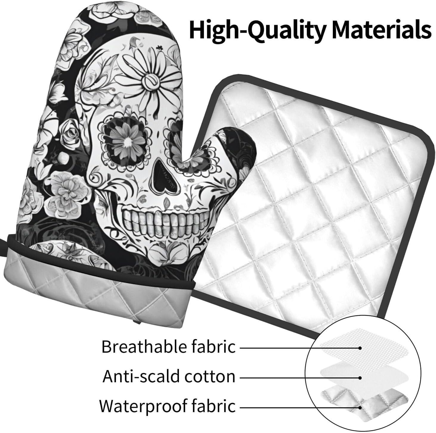 Floral Skull Oven Mitts Set Heat-Resistant Kitchen Potholders
