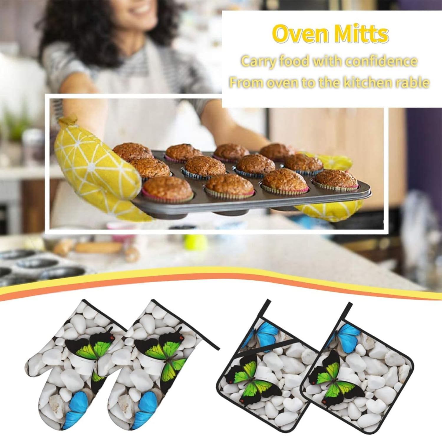 Quopvn Blue Butterfly Green Stone Oven Mitt Set