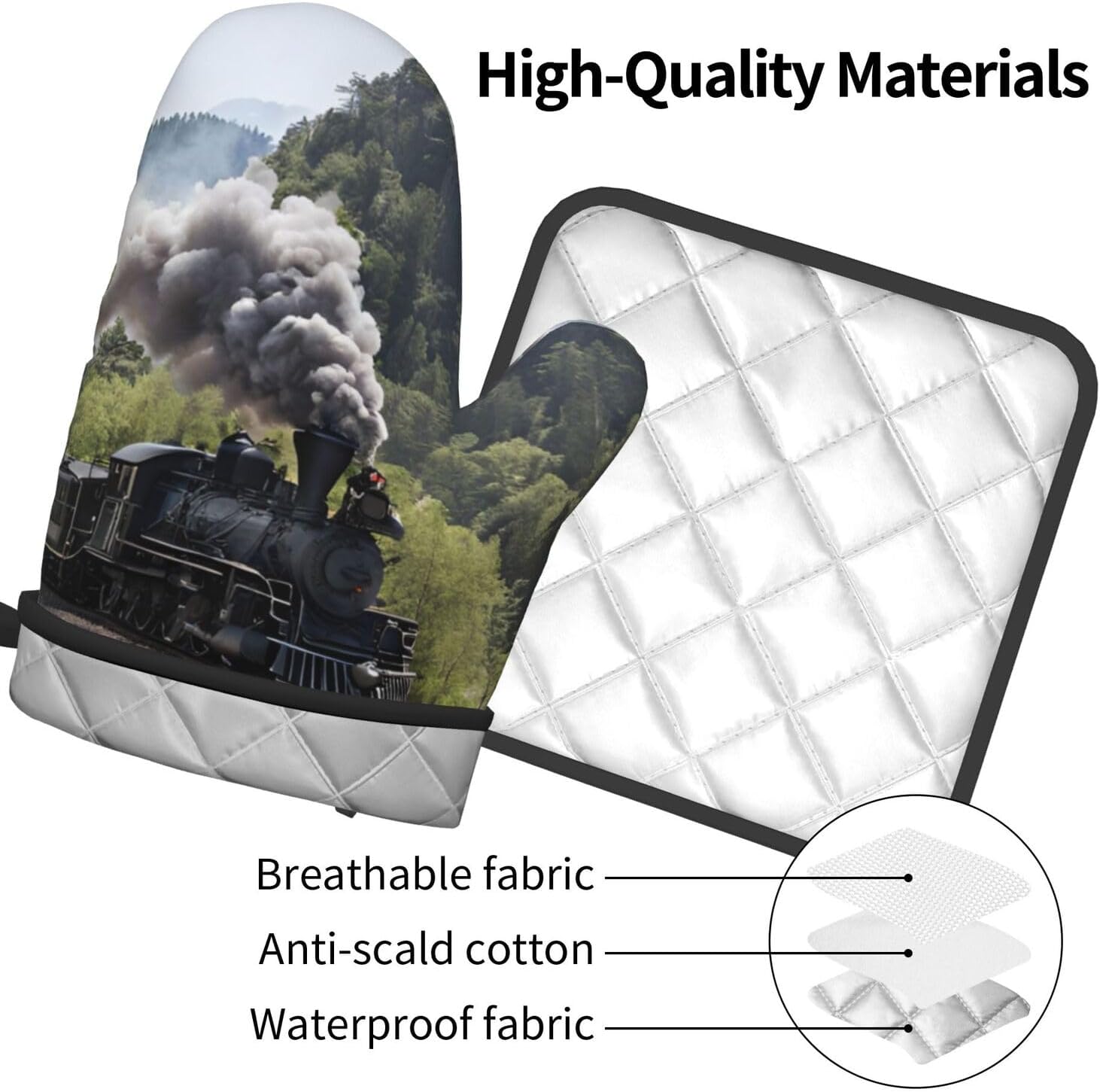 Steam Locomotive Train Printed Oven Mitts and Pot Holders 2 Piece Set