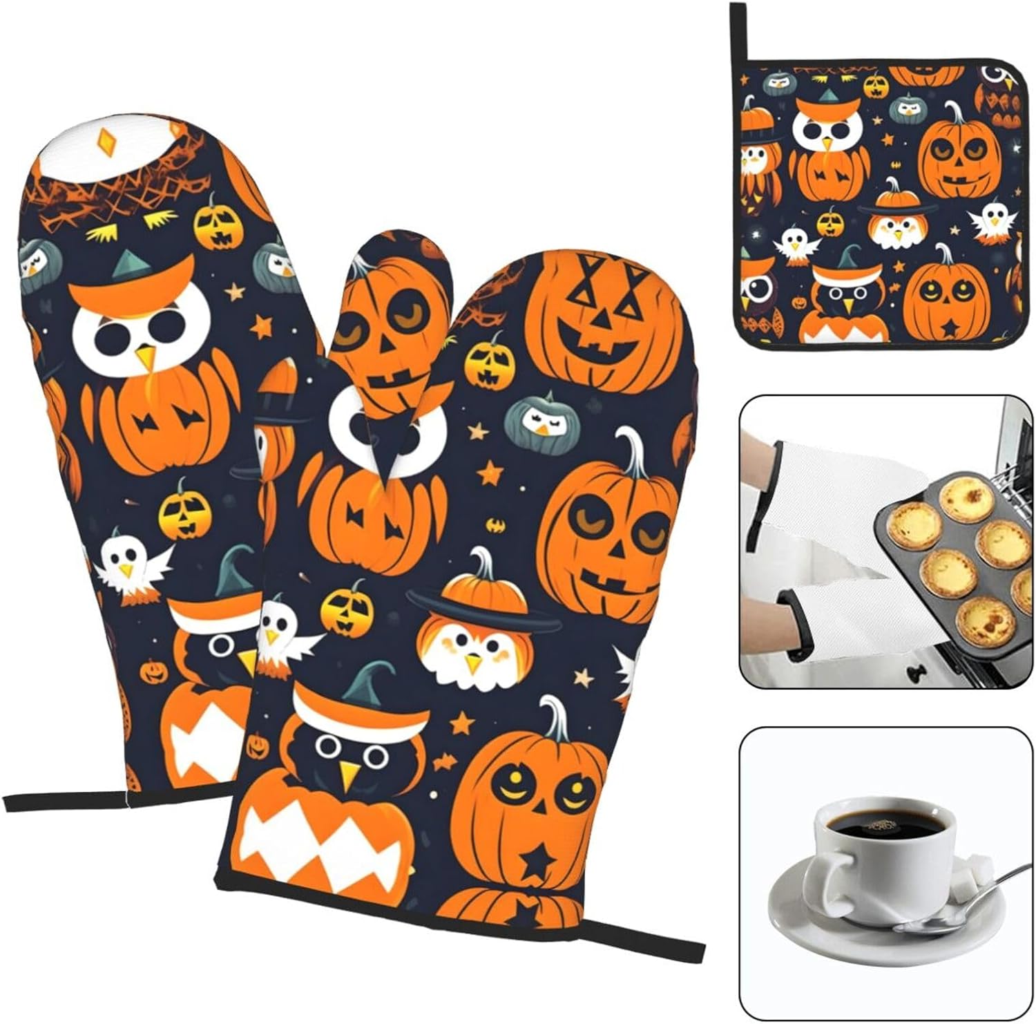Trick Or Treat Halloween Owl Ghost Pumpkin Oven Mitts - Durable Waterproof Set
