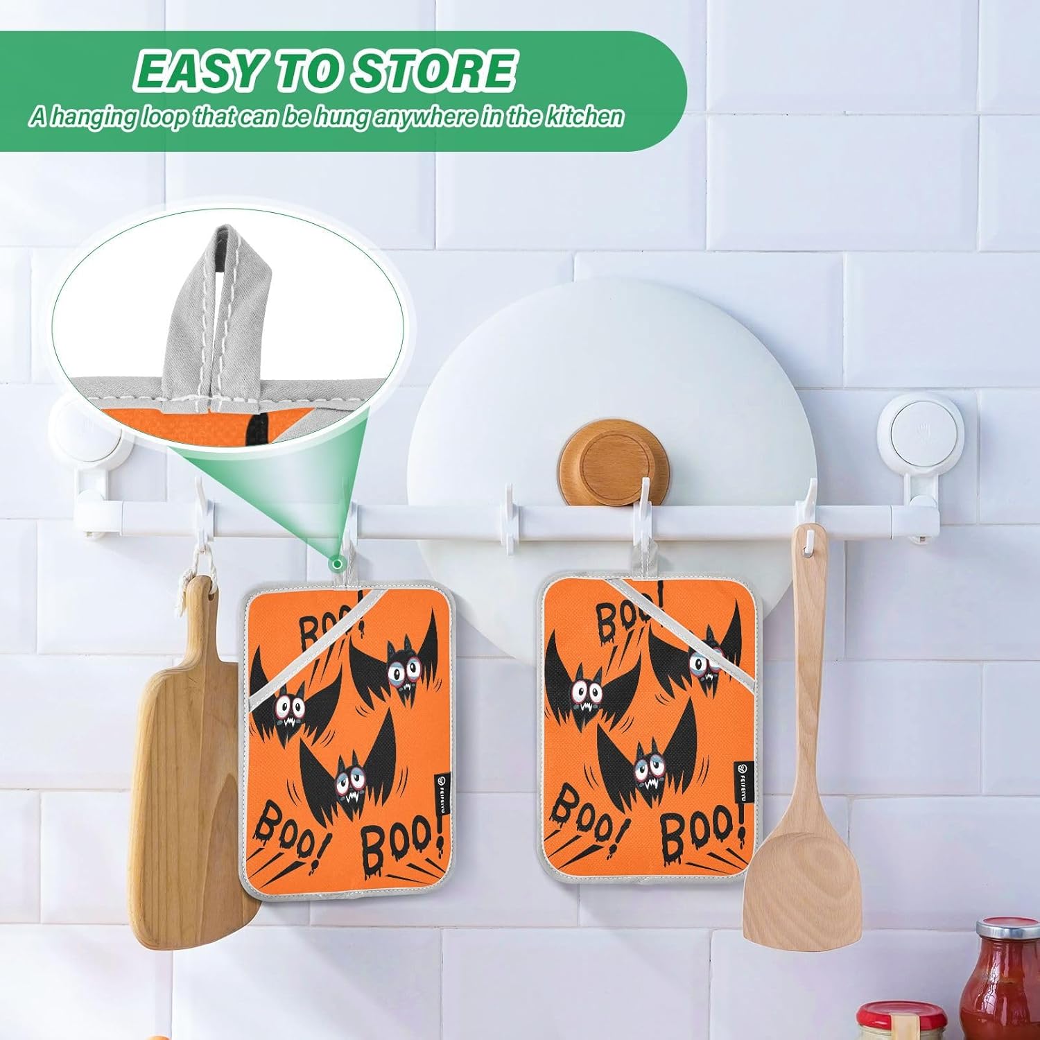 2-Piece Halloween Black Bat Potholders with Pockets 7x98in
