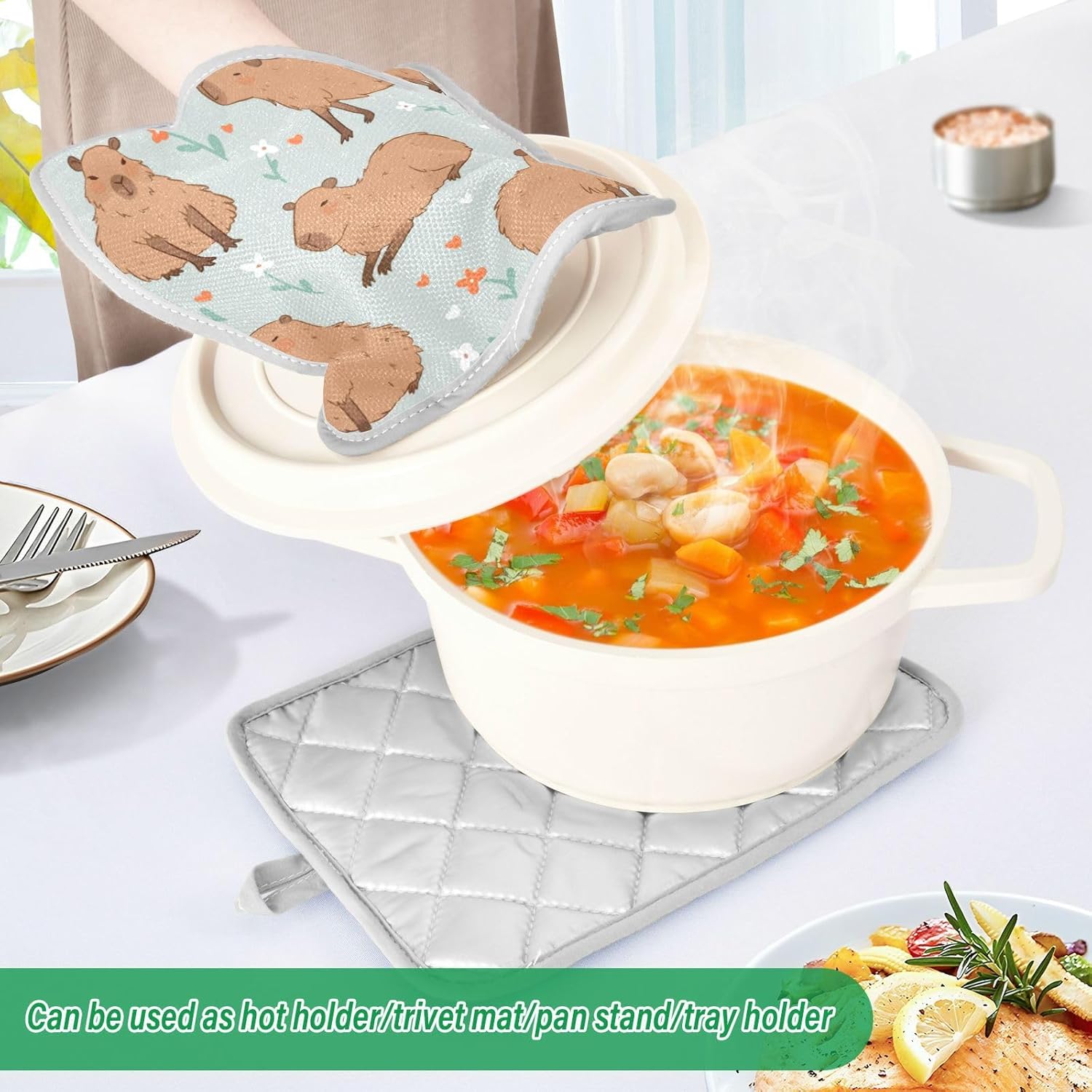 Kcldeci 2-Pack Cute Capybara Pot Holders with Flower Design
