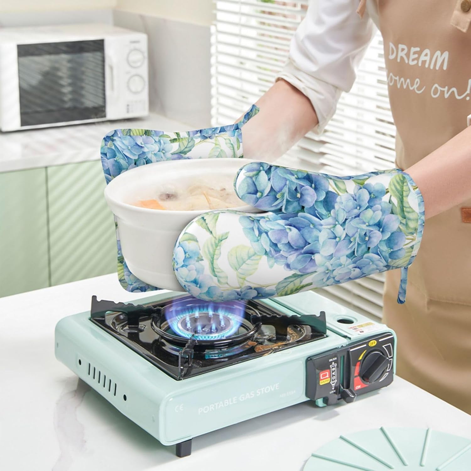 DYCBNESS Blue Hydrangea Silicone Oven Mitts Set 4pcs