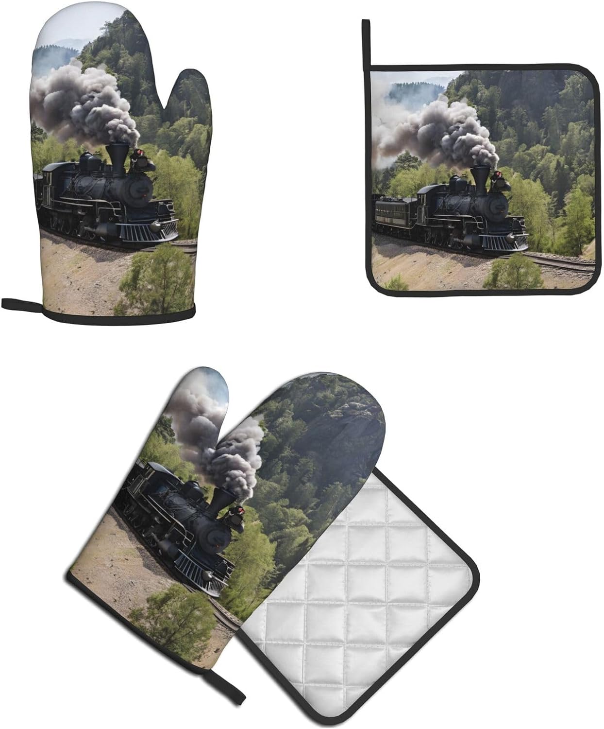 Steam Locomotive Train Printed Oven Mitts and Pot Holders 2 Piece Set