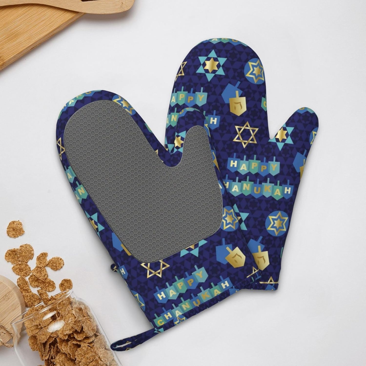 Happy Hanukkah Oven Mitts with Silicone Palm