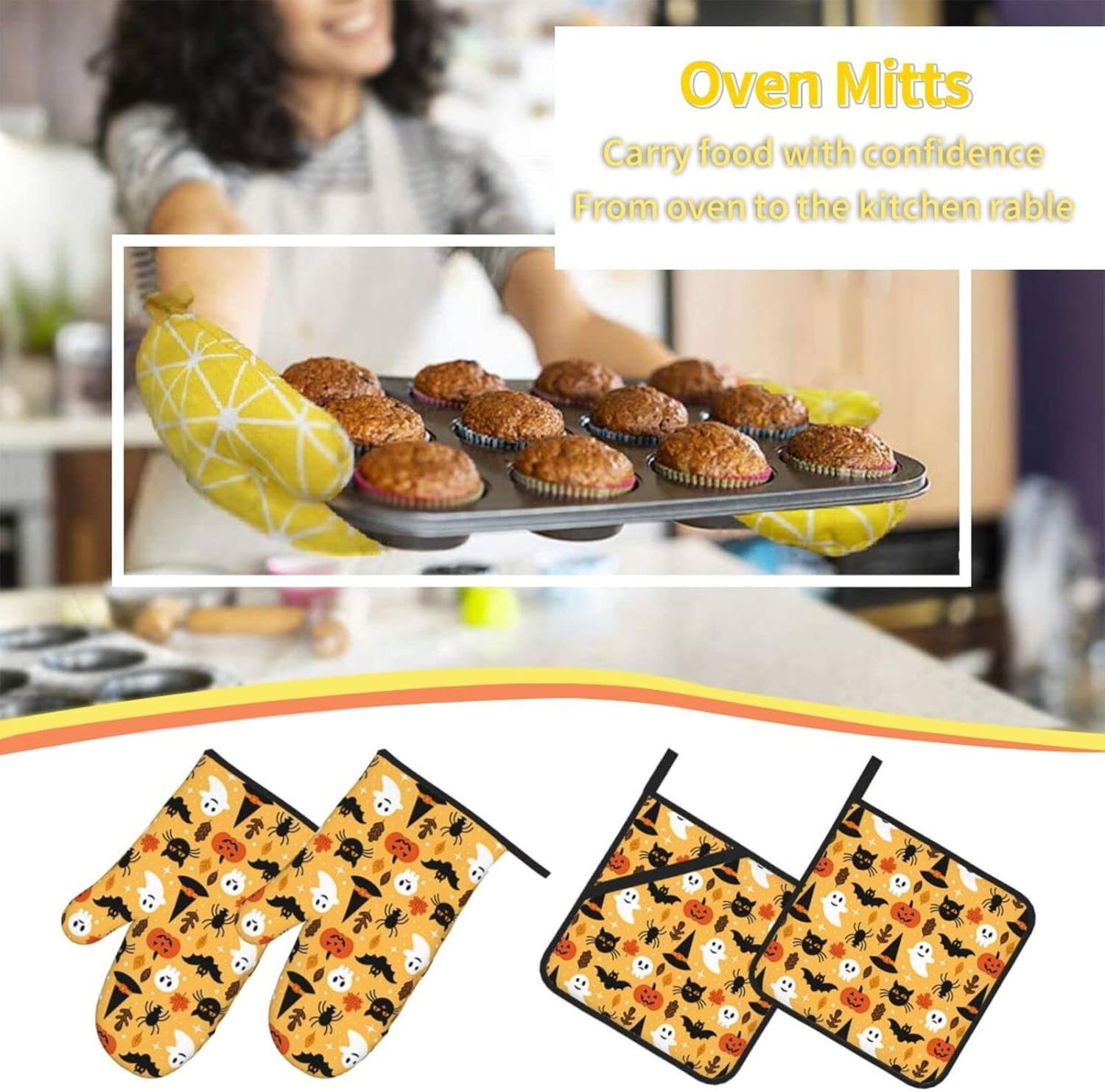 Halloween Ghost Pumpkin Bat Oven Mitts and Pot Holders Sets of 4