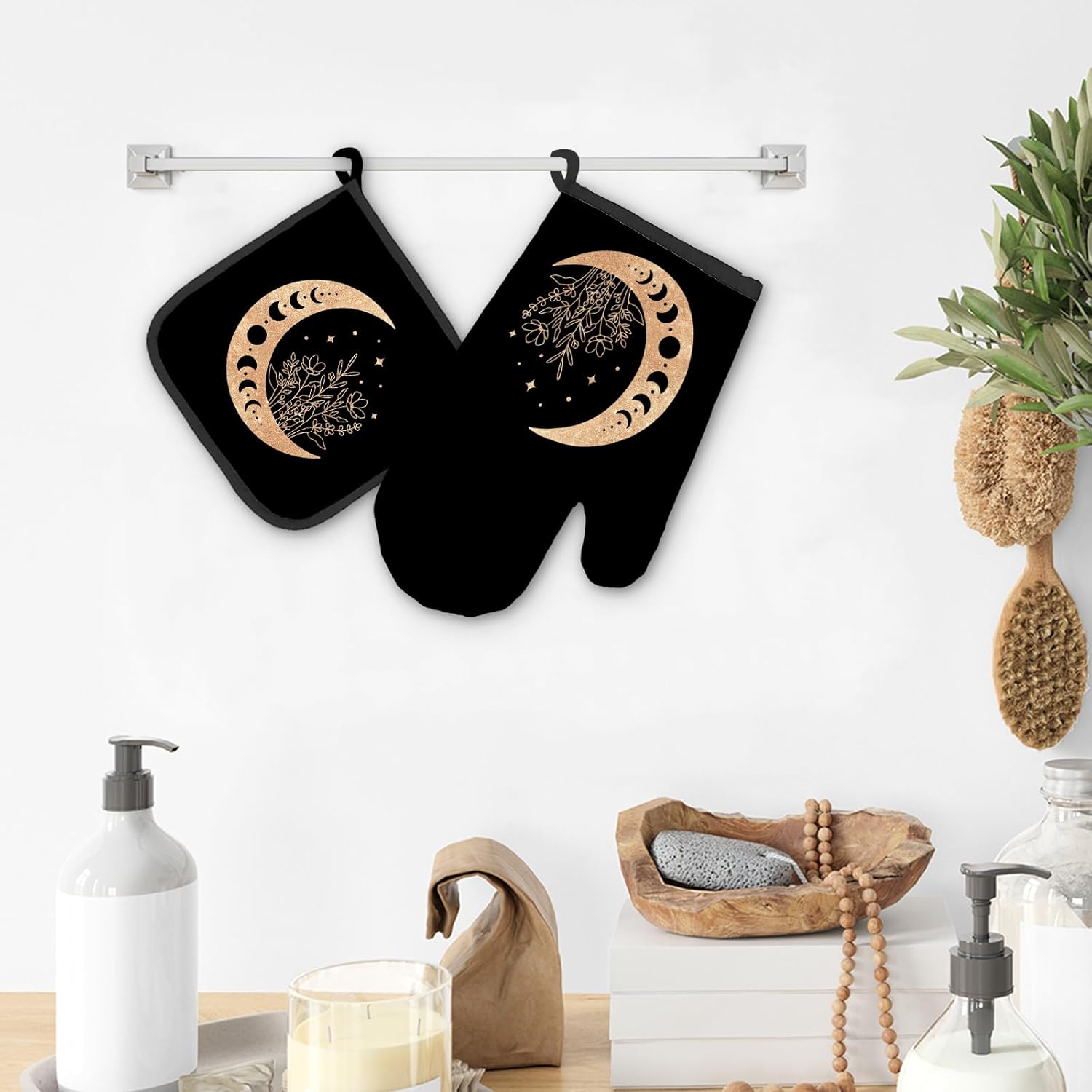 Black Gold Moon Oven Mitts Pot Holders Sets Heat-Resistant Kitchen Accessories
