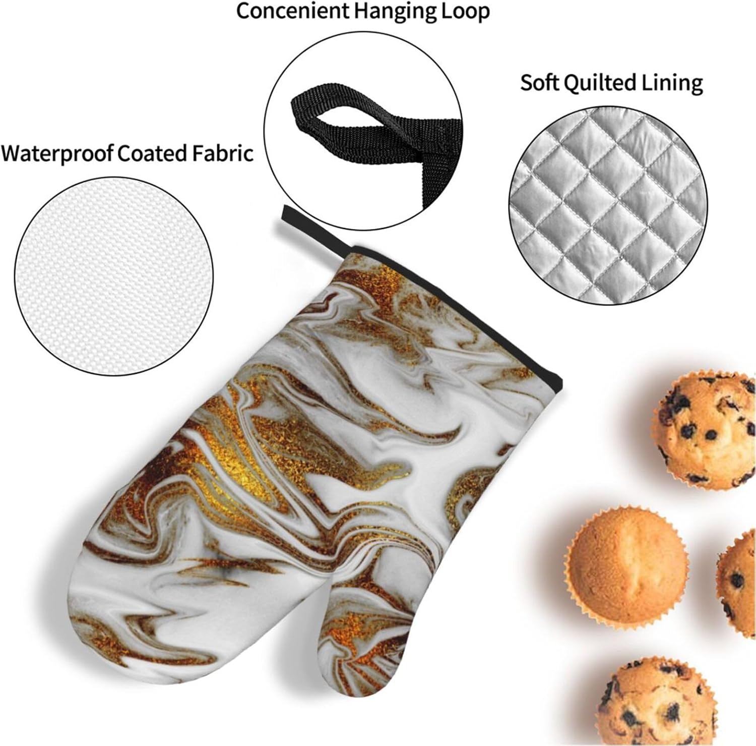 4 Pieces Gold and White Marble Oven Mitts Set with Hanging Loop