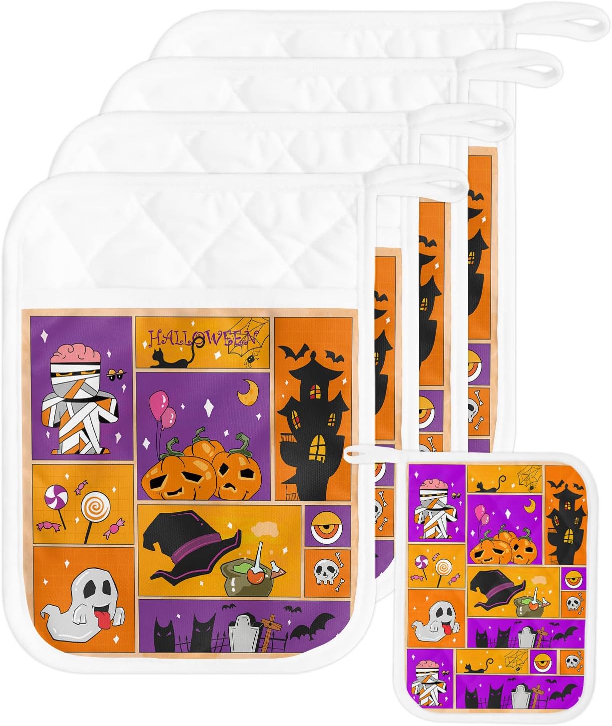 Halloween Pumpkin Purple Orange Potholders Set of 5 with Pocket and Hanging Loop