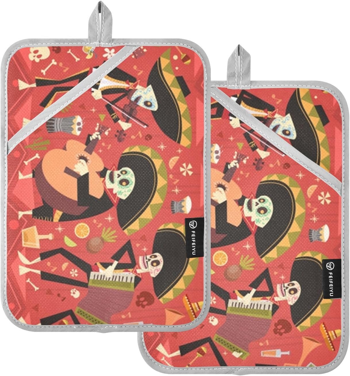 OURVII 2Pcs Day of Dead Pot Holders Set Non-Slip