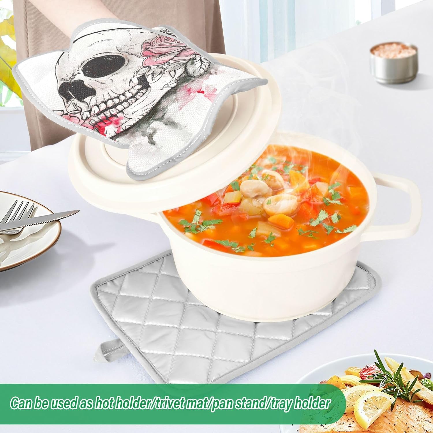 OurVII 2Pcs Halloween Pink Rose Skull Potholders Set