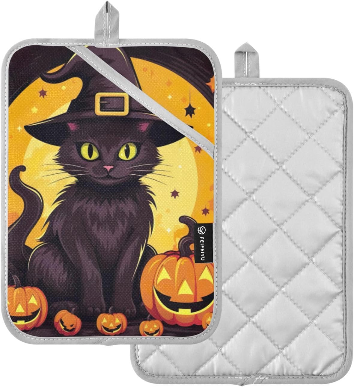 Festive Halloween Black Cat Potholders Set - Heat-Resistant Unique Design