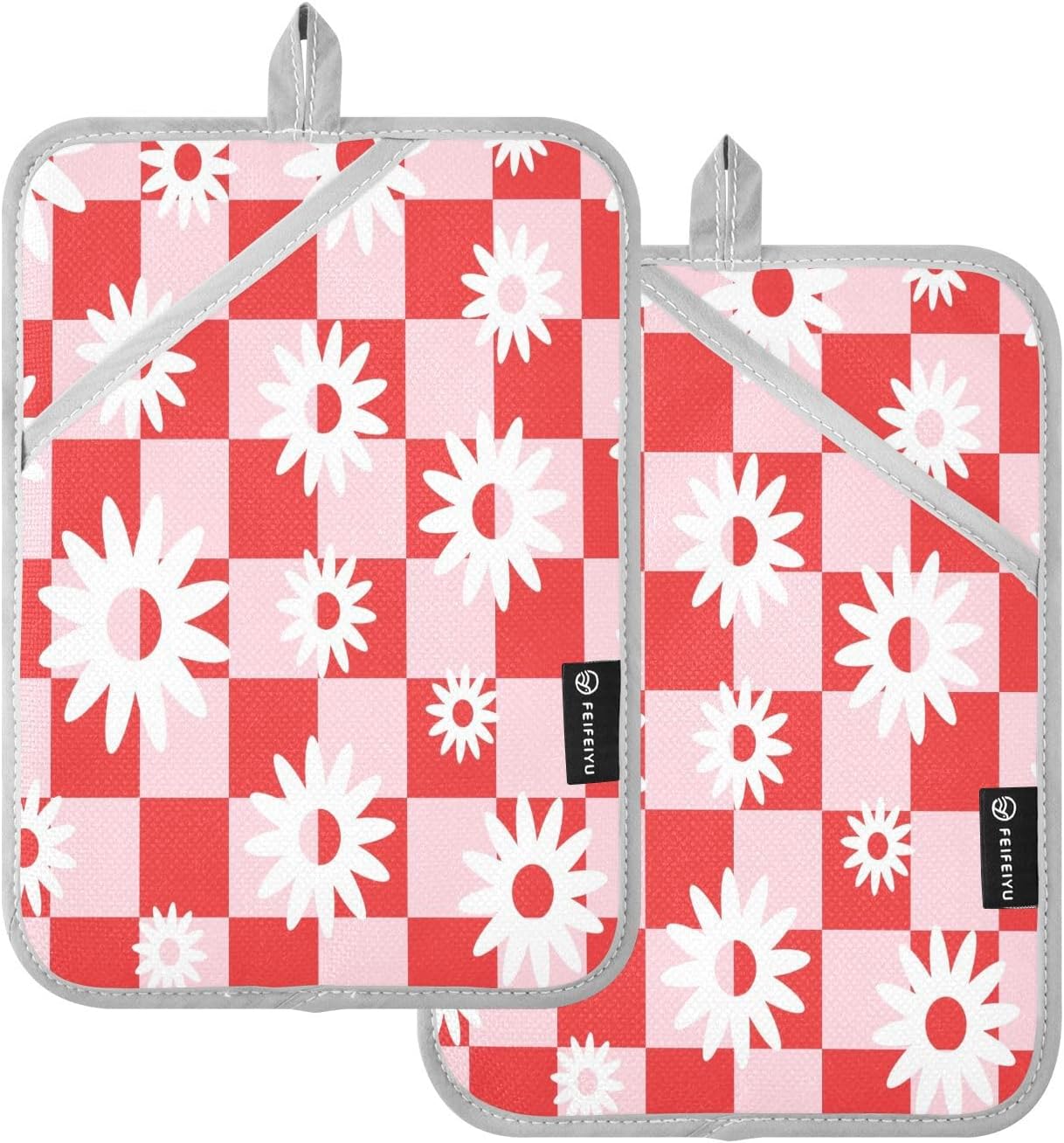 Durable Red and Pink Checked Heat Resistant Potholders