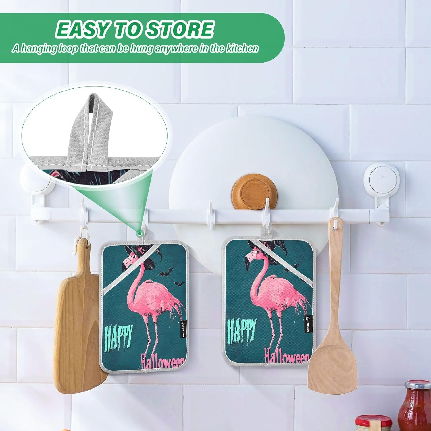 Halloween Flamingo Green Pot Holders