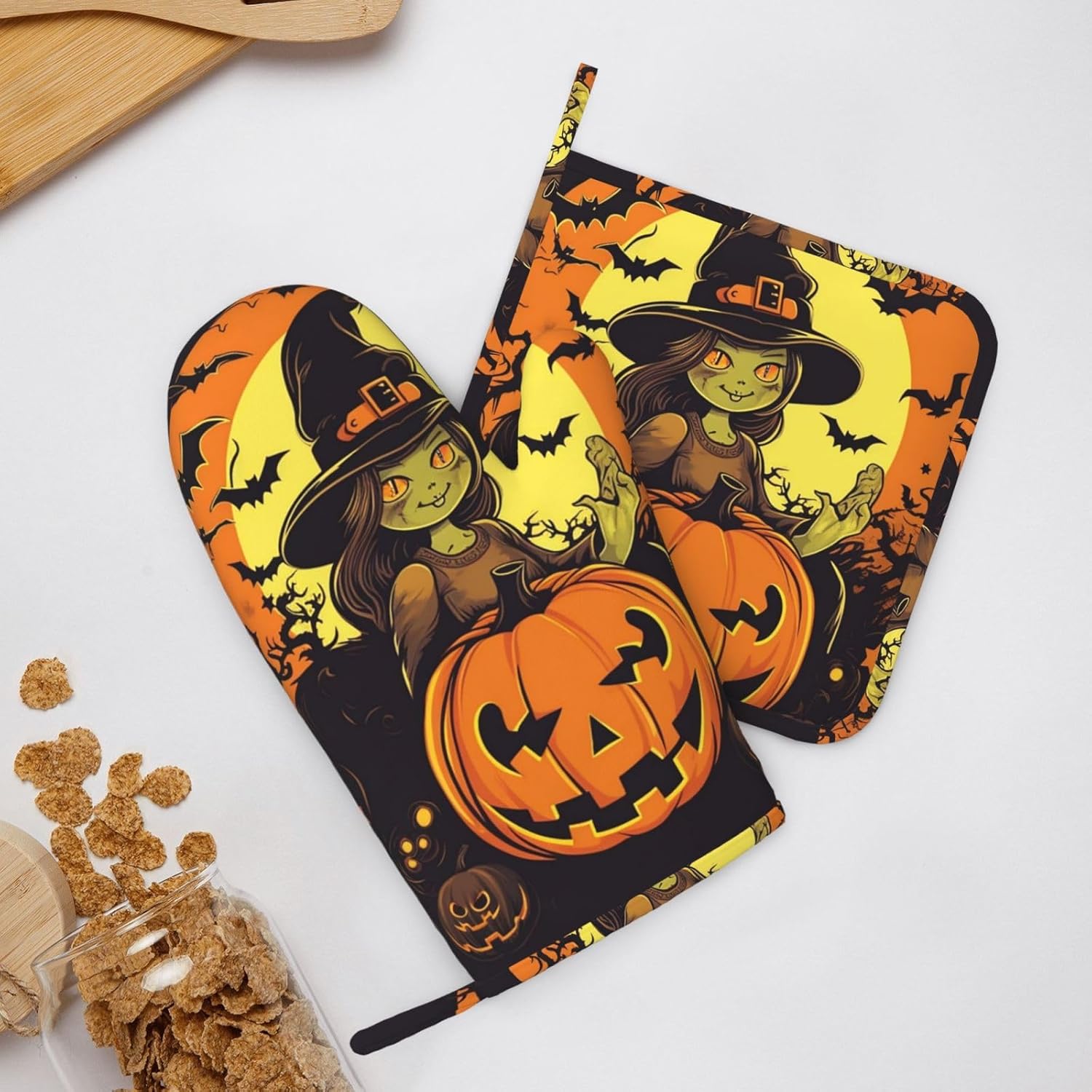 2 pcs Halloween Pumpkin Witch Oven Mitts Set
