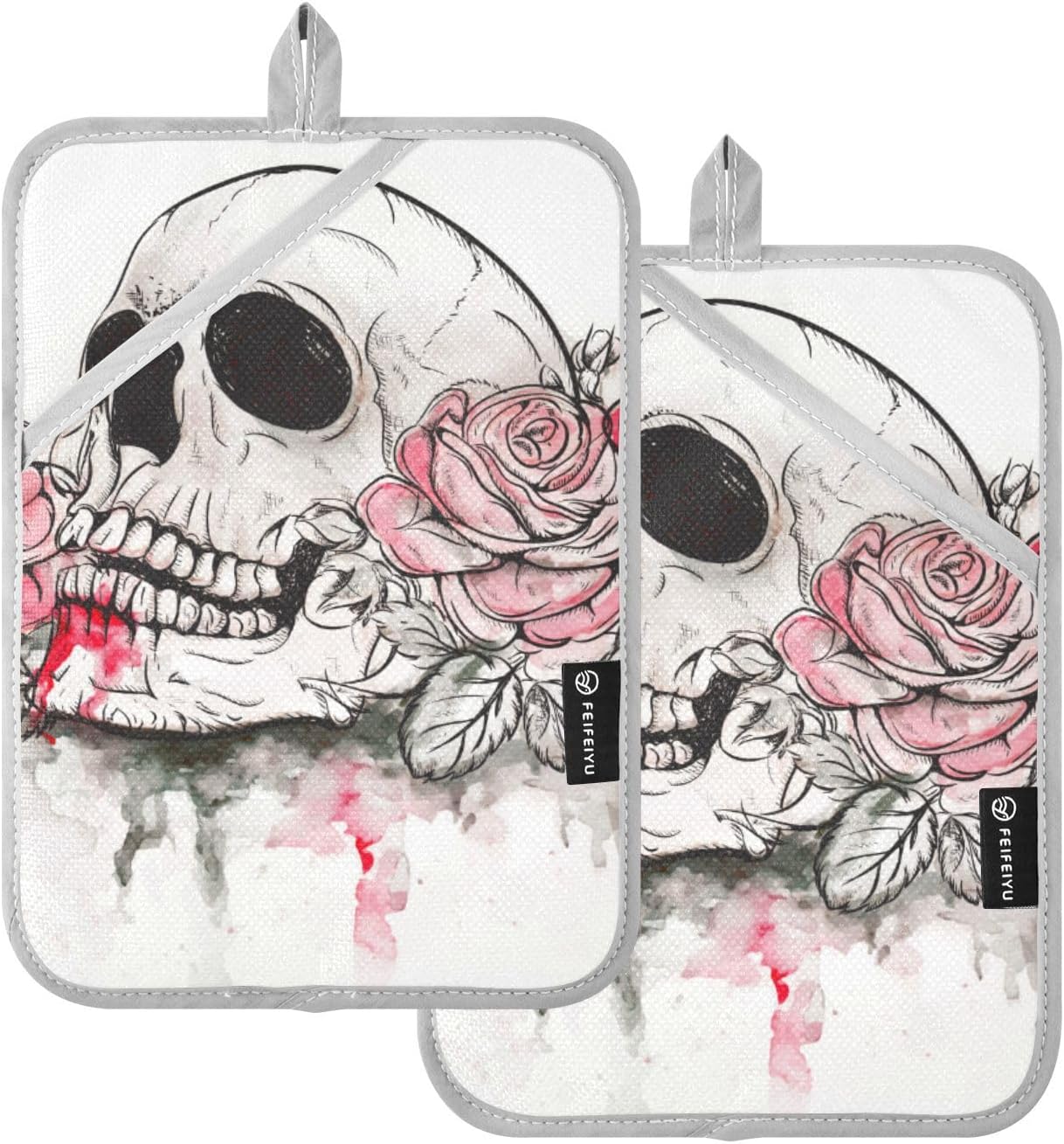 OurVII 2Pcs Halloween Pink Rose Skull Potholders Set