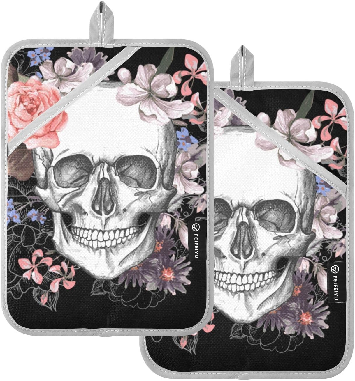 Two-Pack Halloween Skull Rose Pot Holder Set for Oven Kitchen Use