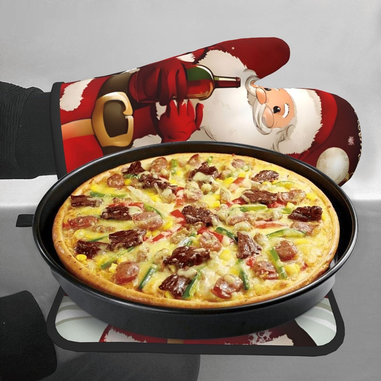Merry Christmas Santa Claus Printed Oven Mitts and Pot Holders 2pcs Set