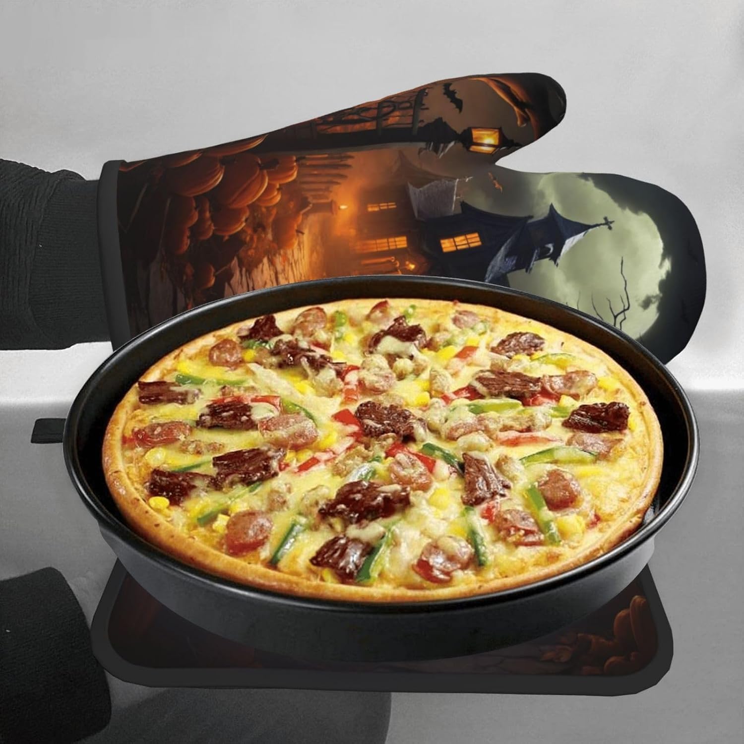 Scary Halloween Oven Mitts Pot Holders Set - Heat-Resistant Cooking Gloves Baking Pots