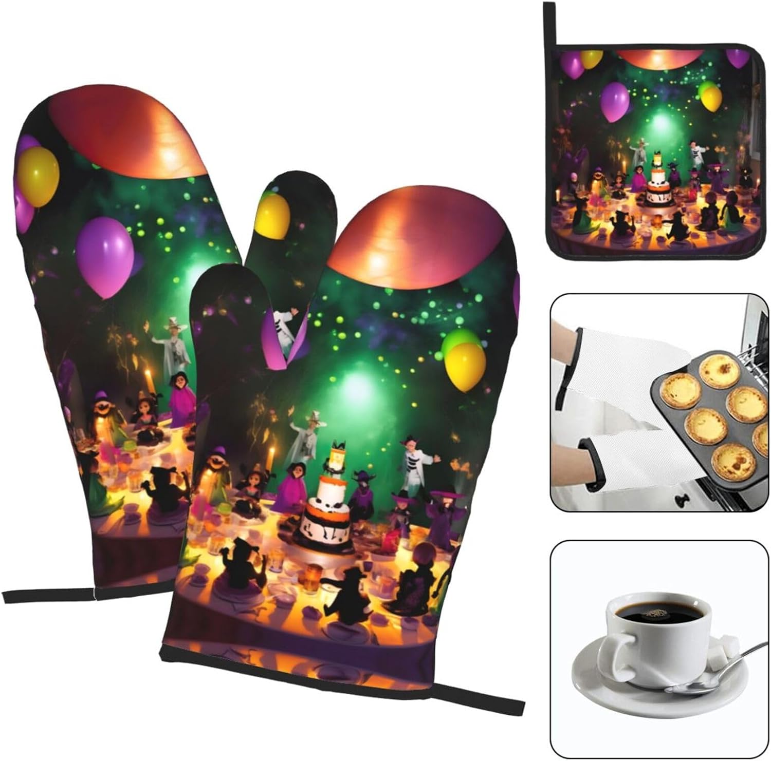 Halloween Party Oven Mitts and Pot Holders Set - Durable Heat Resistant Kitchen Gear