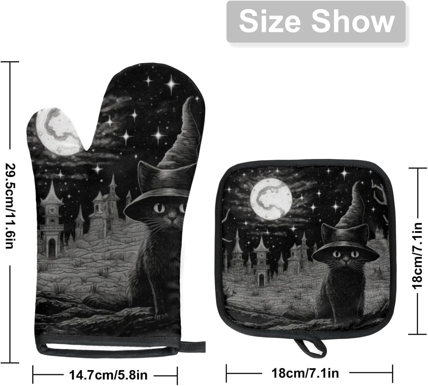 Witch Cat Halloween Oven Mitts Pot Holders Set