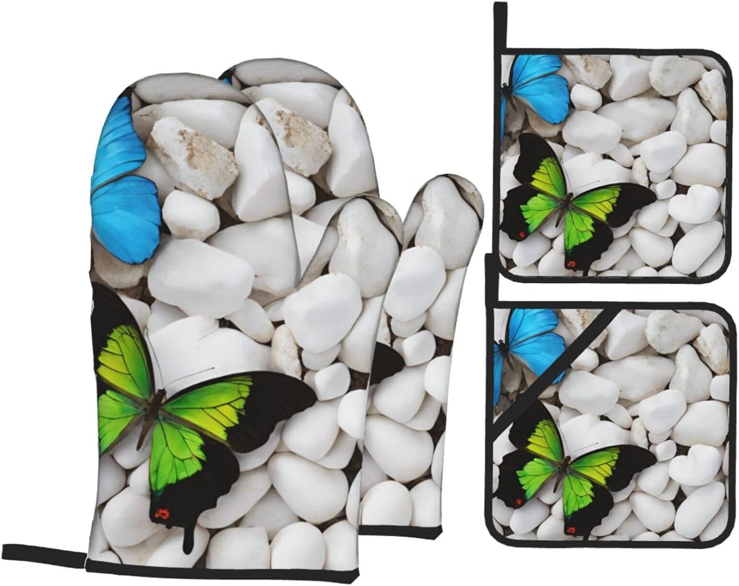 Quopvn Blue Butterfly Green Stone Oven Mitt Set