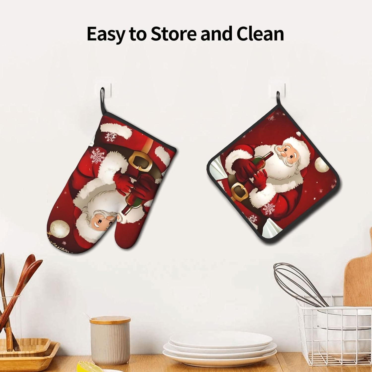 Merry Christmas Santa Claus Printed Oven Mitts and Pot Holders 2pcs Set