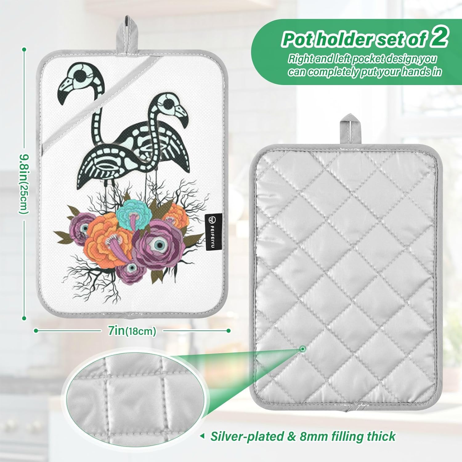 OurVii 2-Piece Flamingo Skeleton Pot Holder Set Heat-Resistant Non-Slip
