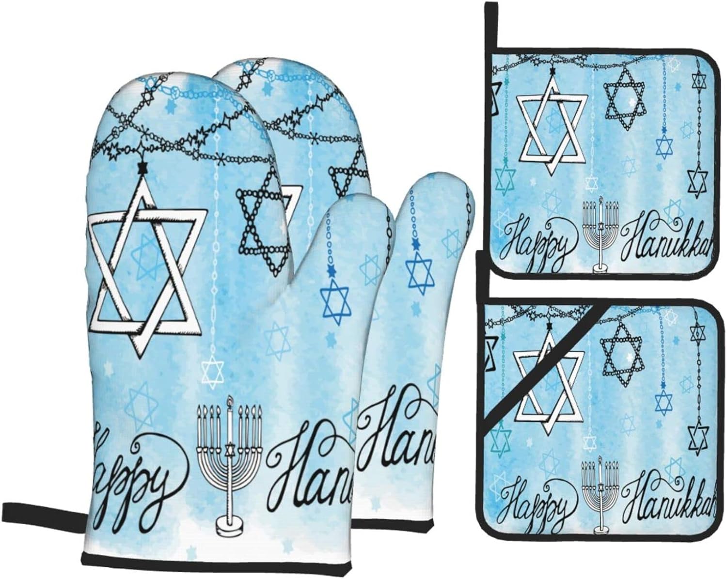 Happy Hanukkah Heat Resistant Mitts Pot Holders Set by Augenstern
