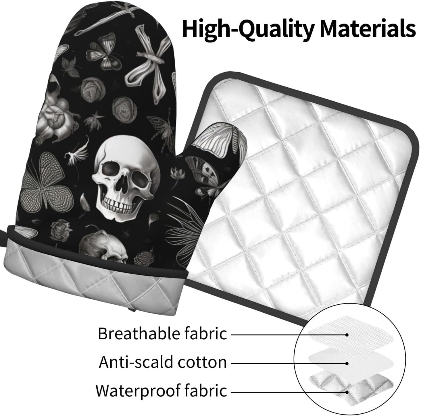 Halloween Black Butterfly Goth Skull Oven Mitts