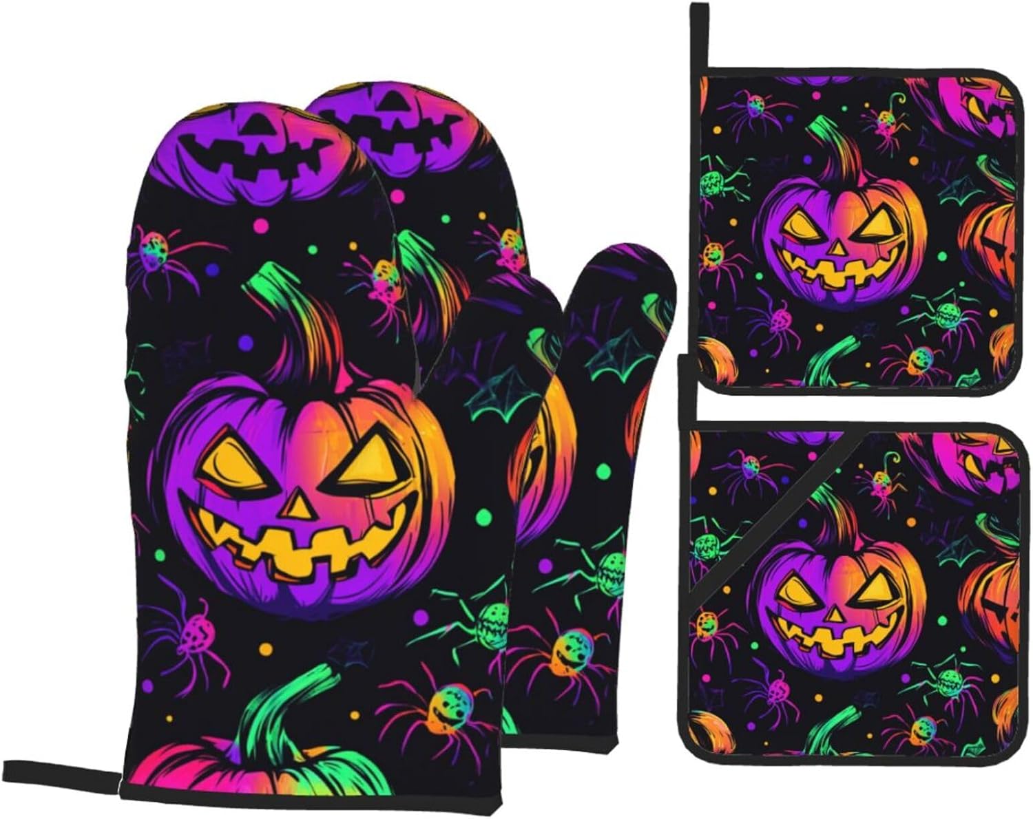 Halloween-Themed 4-Piece Oven Mitts Pot Holders Set for Baking Cooking